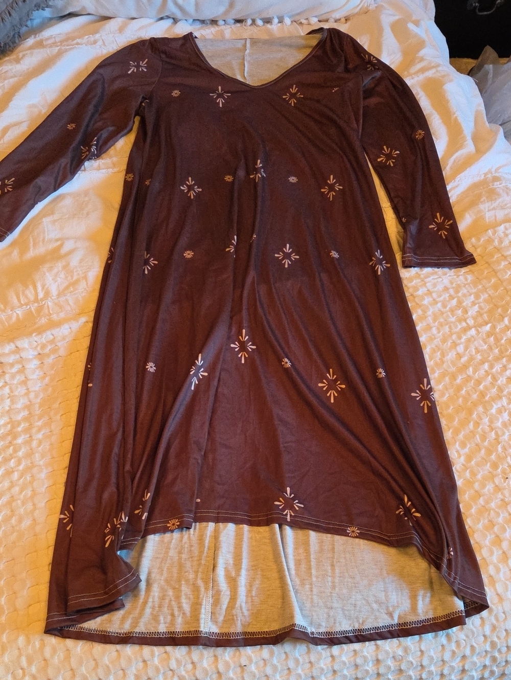Women's Long Sleeve Cotton-Blend Maroon Nightgown with Subtle Print Xl